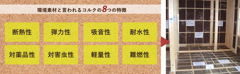 環境素材と言われるコルクの8つの特徴　断熱性，弾力性，吸音性，耐水性，耐薬品性，対害虫性，軽量性，難燃性